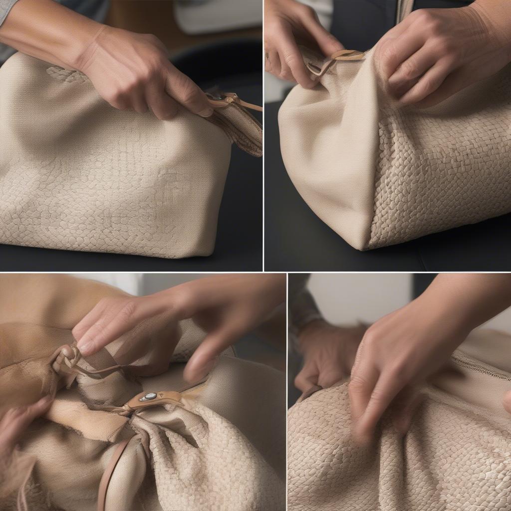 Illustrative guide on how to care for a woven napa leather bag, including cleaning and storage.