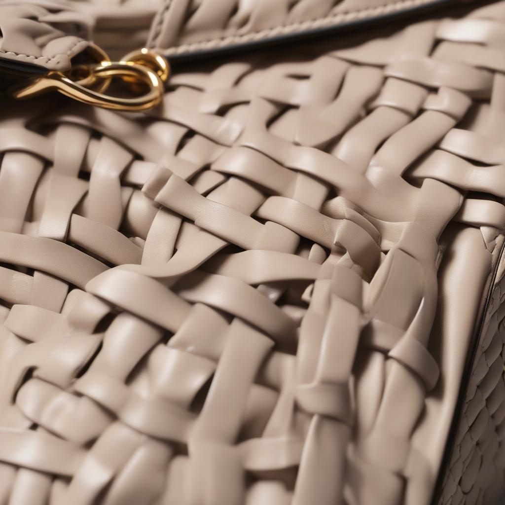 Close-up view of the Marc Jacobs Woven Nappa Frame Bag showcasing the intricate woven leather details and the metallic frame.