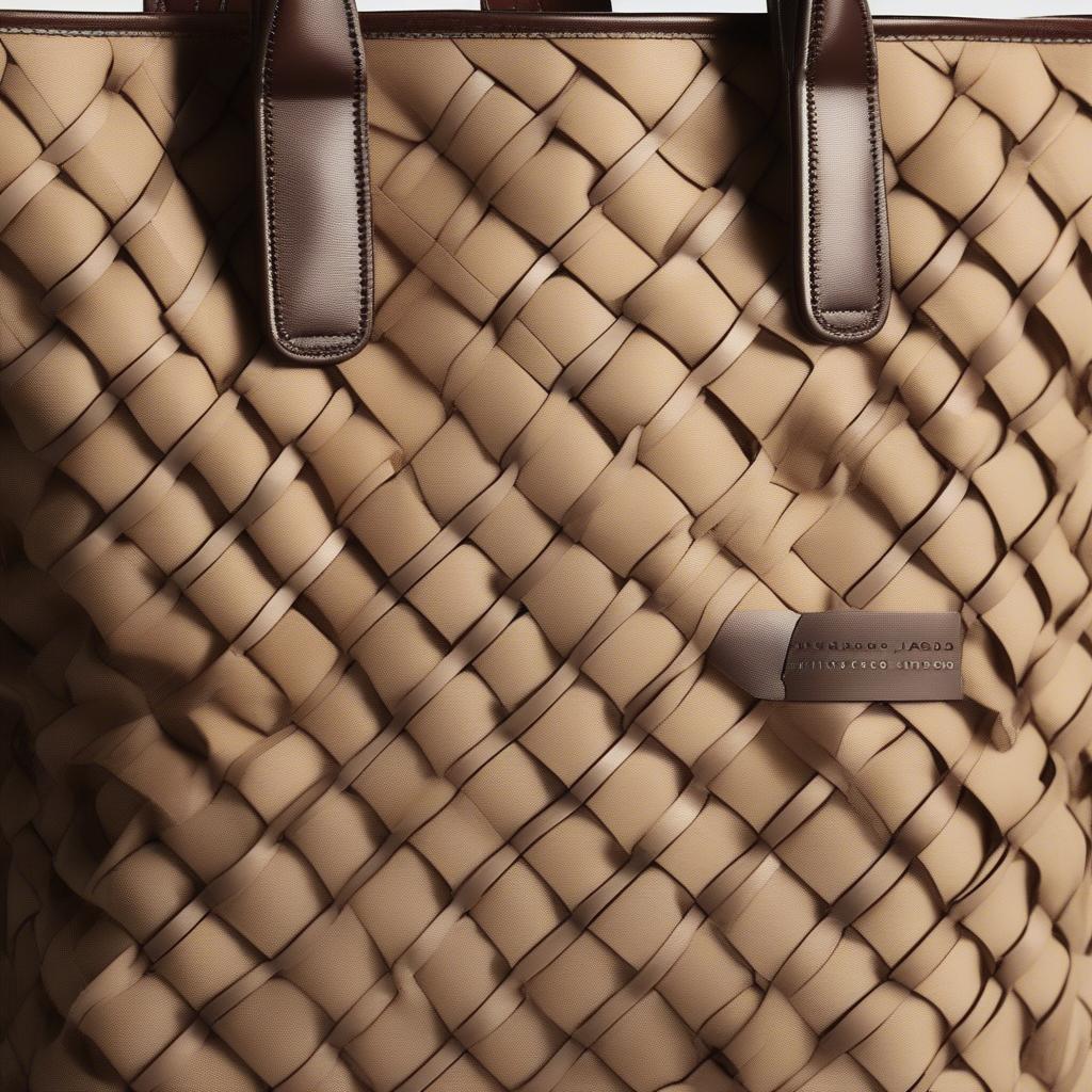 Close-up view of the Marc Jacobs The Woven Small Tote Bag in natural color, showcasing its woven texture and leather details.