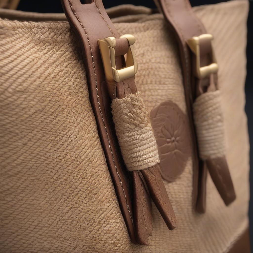 Detailed view of the Marc Jacobs The Woven Small Tote Bag's stitching, materials, and hardware.