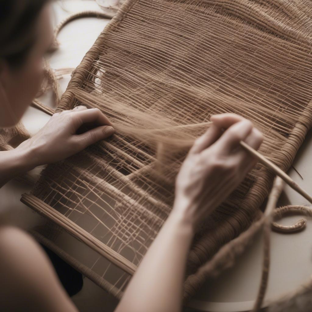 Mariel Penner-Wilson working on a weave chair in her studio