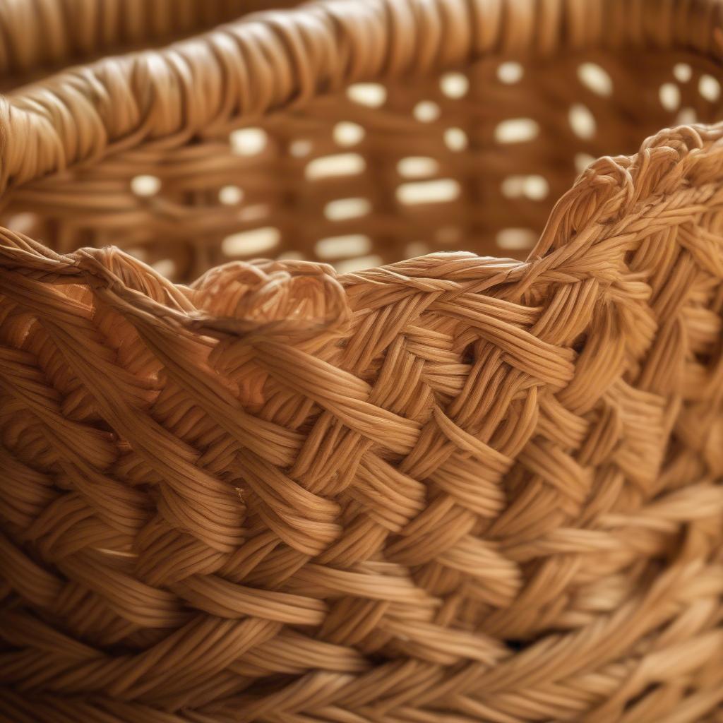 Close-up of a marigold weave basket showcasing the intricate details of the weaving pattern.