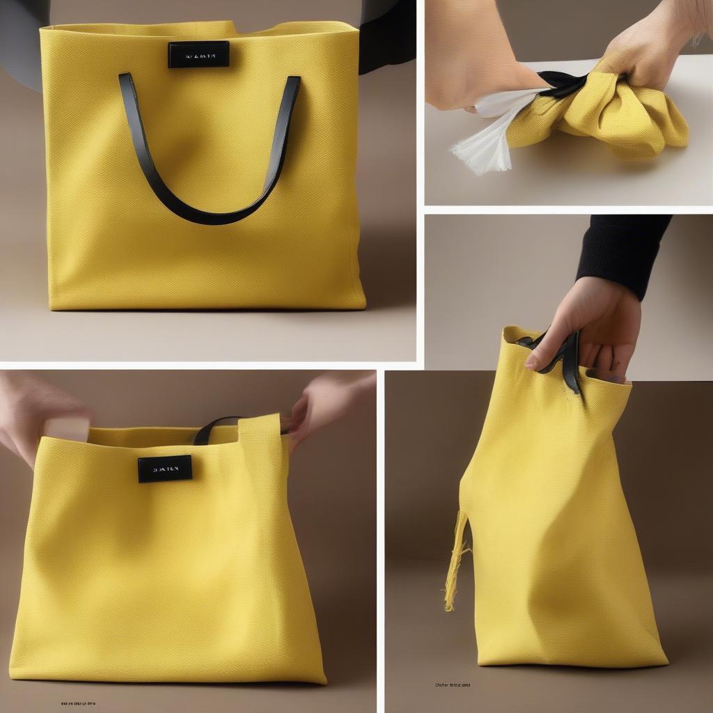 Illustrative guide demonstrating how to care for a Marni Yellow Mini Woven Shopping Bag, including cleaning and storage tips.