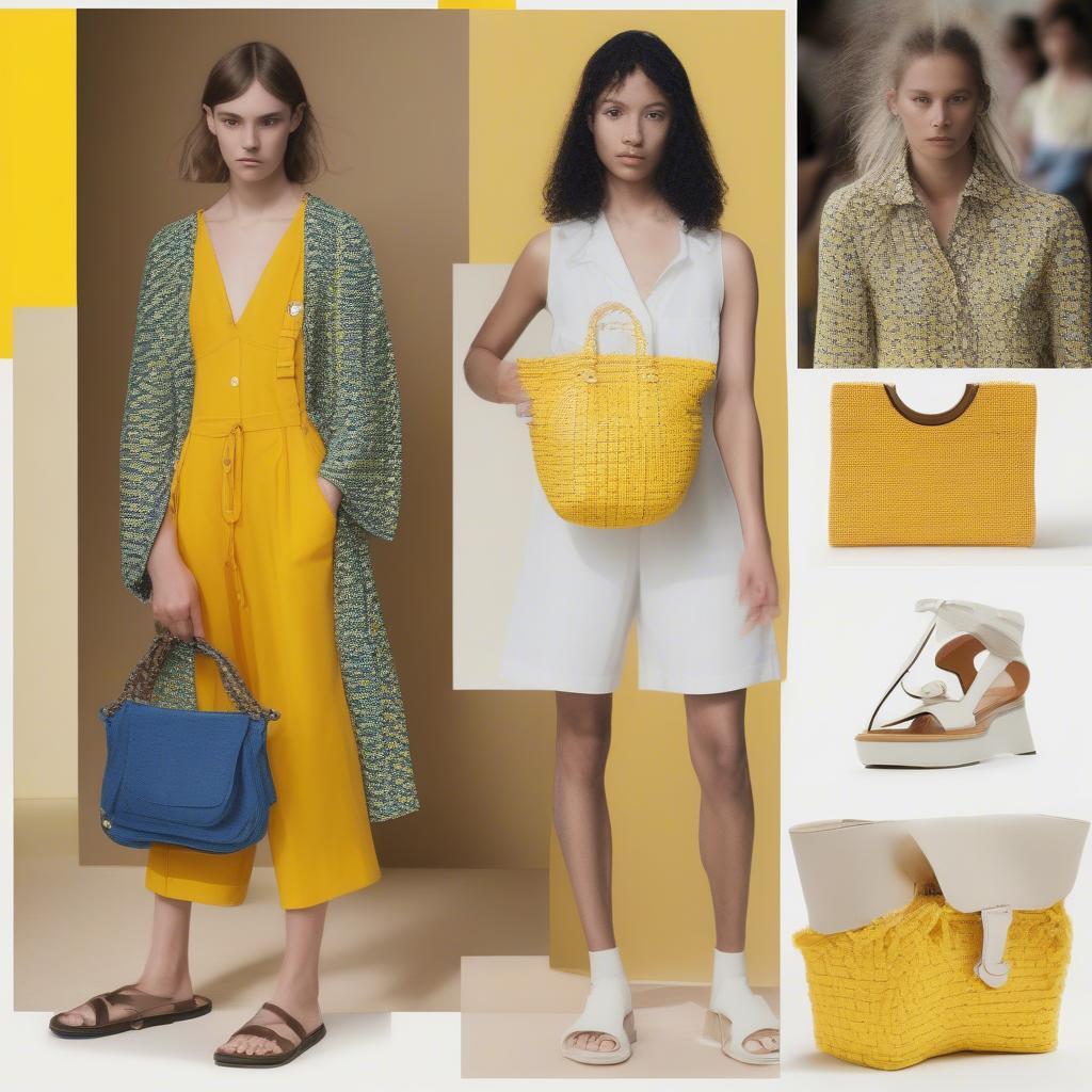 Styling inspiration showcasing the Marni Yellow Mini Woven Shopping Bag paired with different summer outfits.