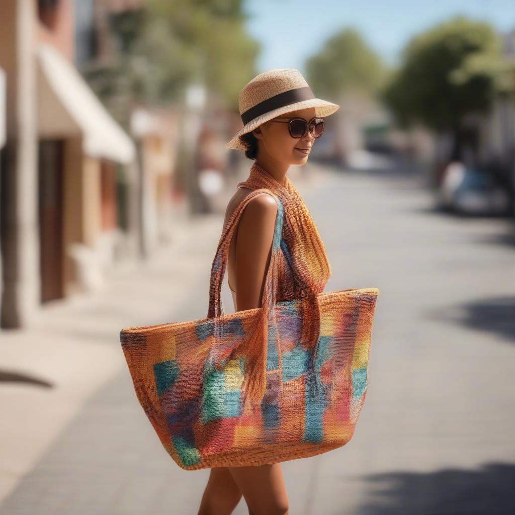 A woman carrying a large, colorful woven tote bag from Marshall's.