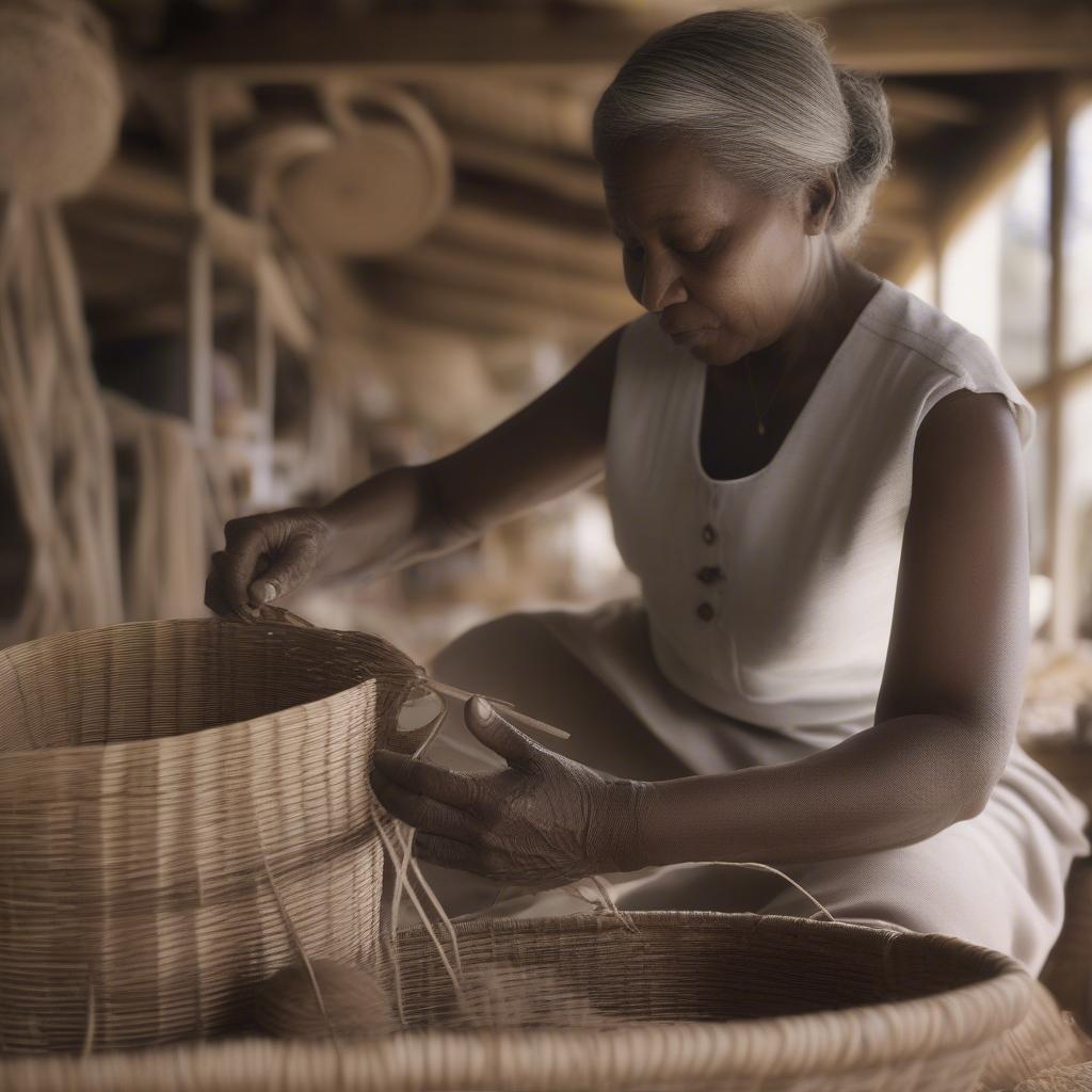 Mary Jackson skillfully weaving a basket, demonstrating traditional techniques.