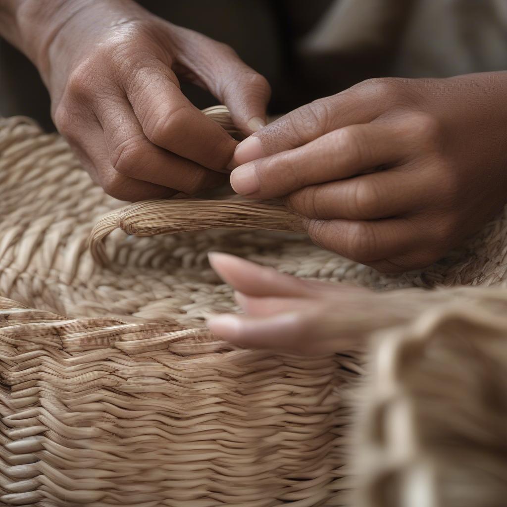 Mary Jackson Cory's intricate basket weaving technique, showcasing the use of natural materials like wicker and rattan.