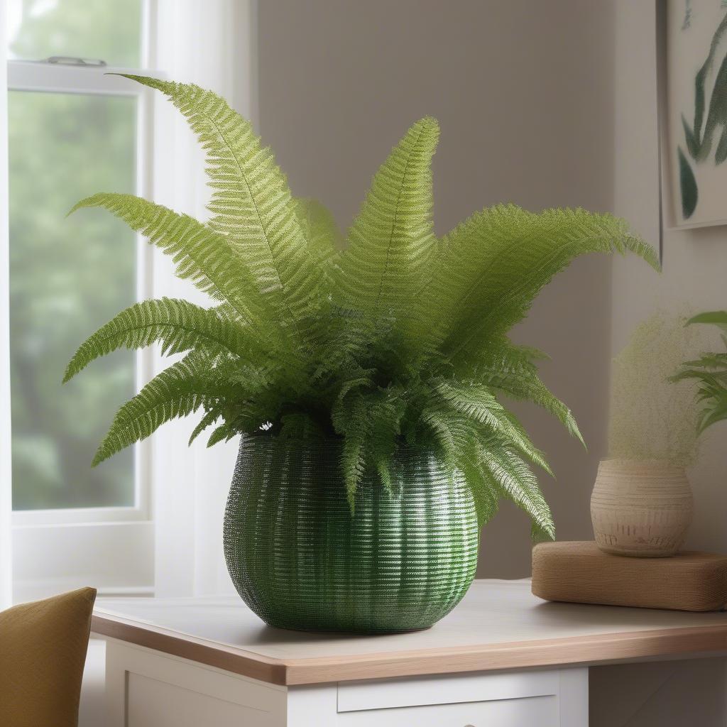 McCoy Green Basket Weave Planter in an Indoor Display