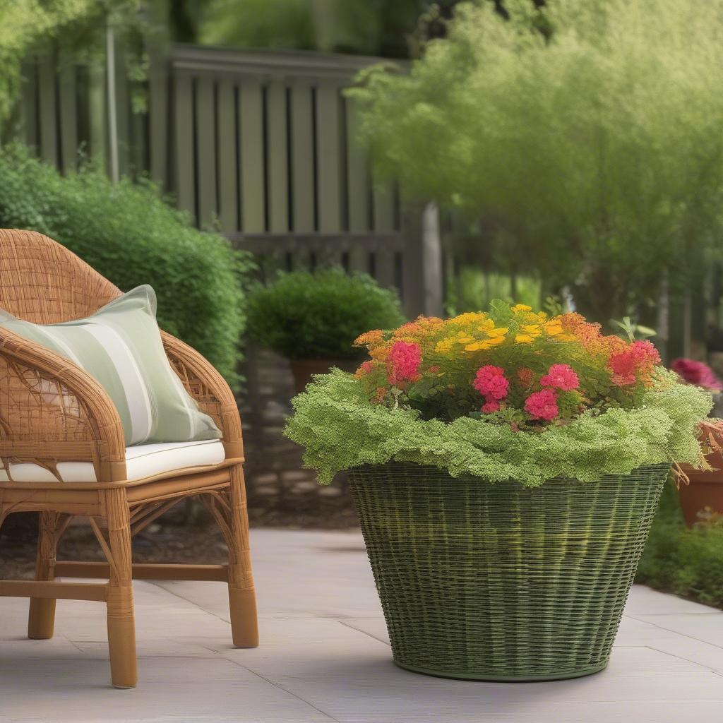 McCoy Green Basket Weave Planter in an Outdoor Setting