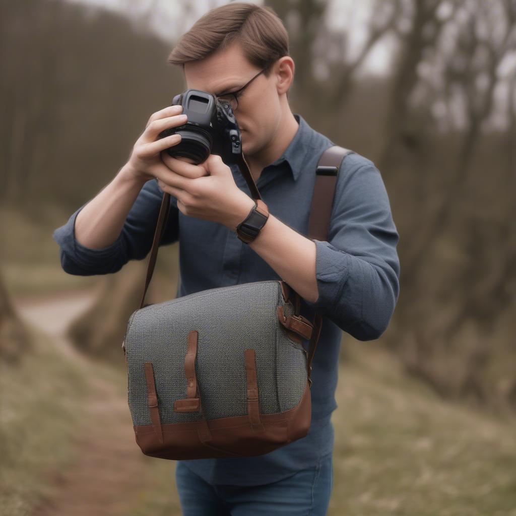 Photographer using a McGraw woven camera bag during a photoshoot.