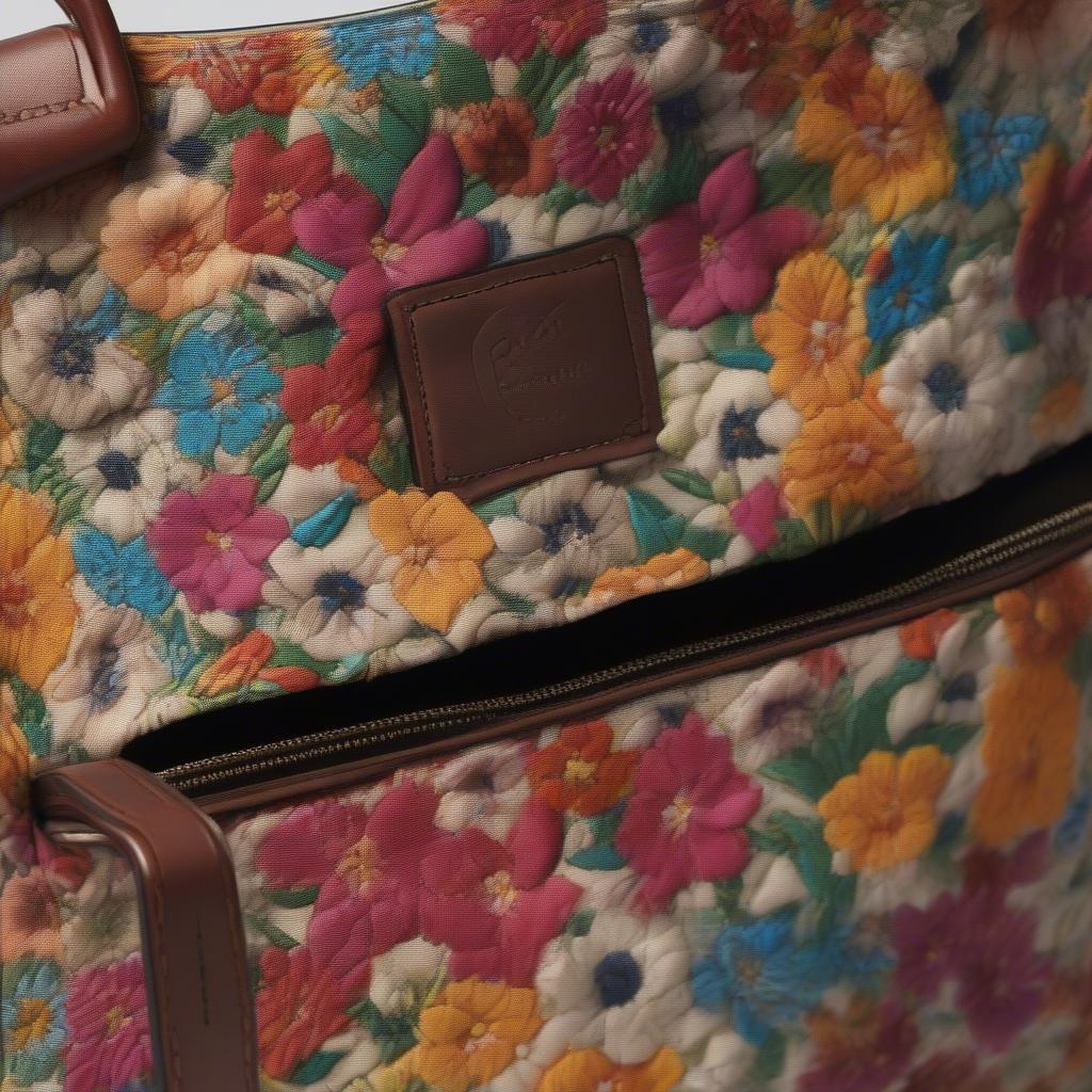 Close-up view of the McGraw Floral Woven Camera Bag showcasing the intricate floral weaving and leather details.