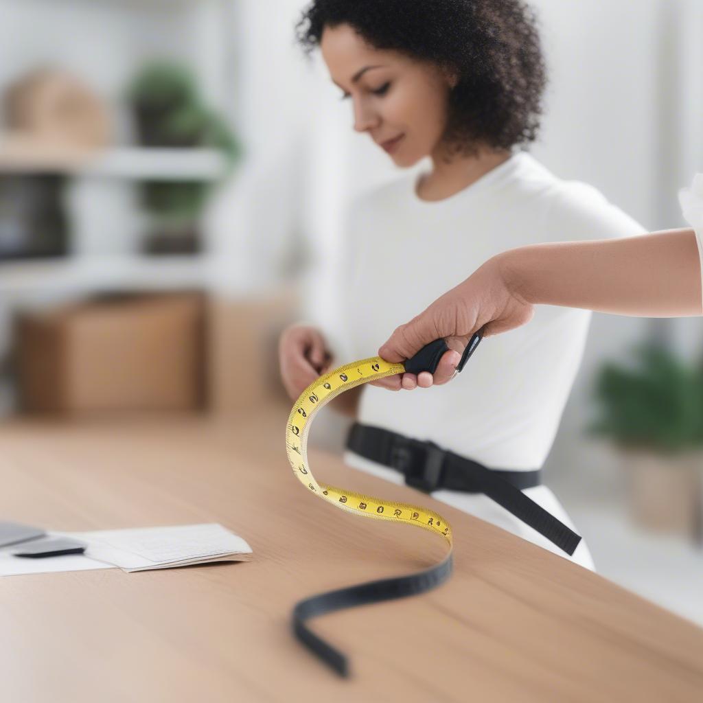 A person measuring their waist with a tape measure.