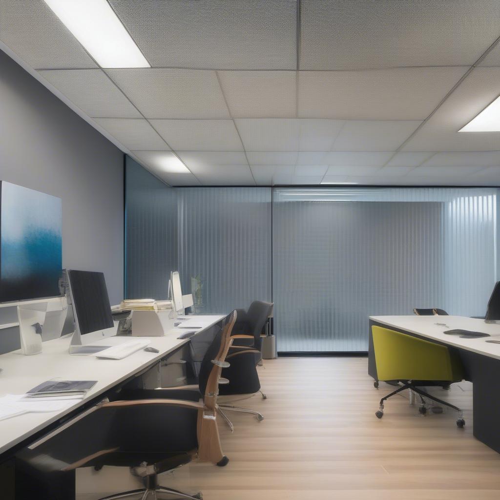 MechoShade Euroveil Basket Weave Series 5 installed in a modern office