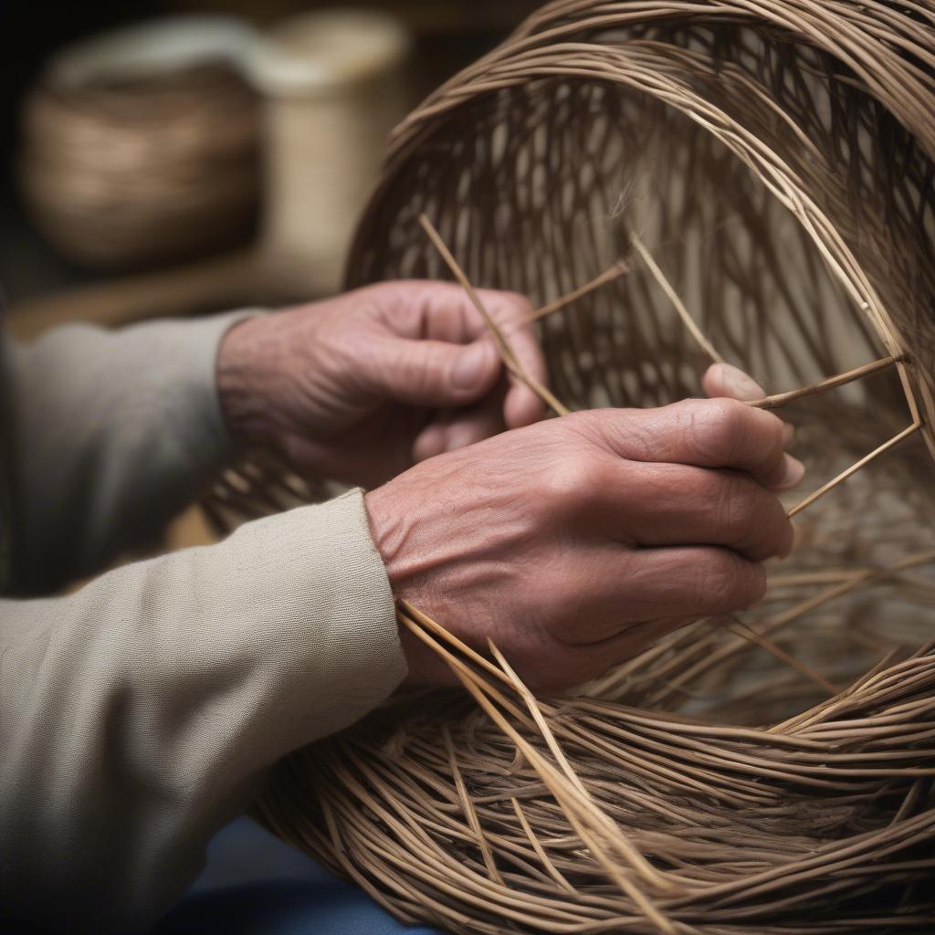 Medieval Basket Twining Technique: A close-up demonstration of the twining technique, showcasing how weavers interlaced flexible strands around rigid uprights.