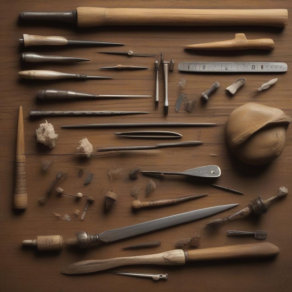 Medieval Basket Weaving Tools: A selection of awls, knives, and bodkins used for crafting intricate basketry in the medieval period.