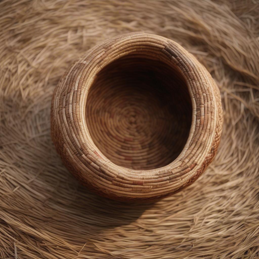 Medieval Coiled Basket Example: A completed coiled basket, showcasing the tight stitching and spiral structure typical of this technique.