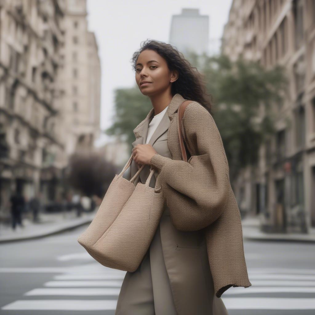 Stylish woman carrying a mega weave bag in a city setting