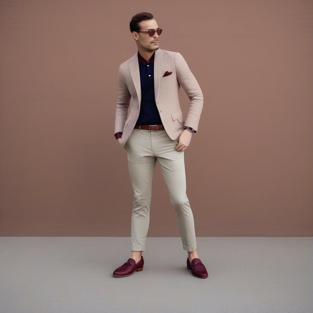 Man wearing basket weave oxblood tassel loafers with chinos