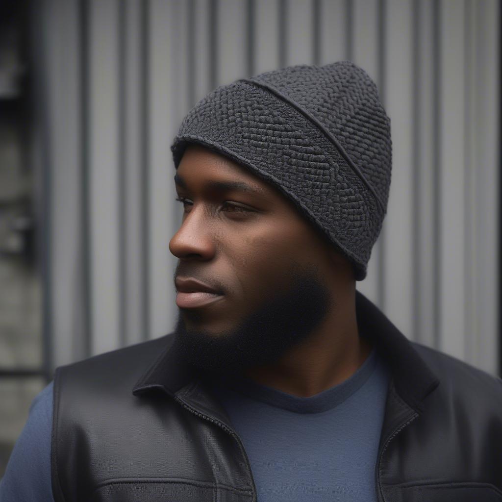 Close-up of a man wearing a mens basket weave crochet hat, showcasing the intricate stitch detail and texture