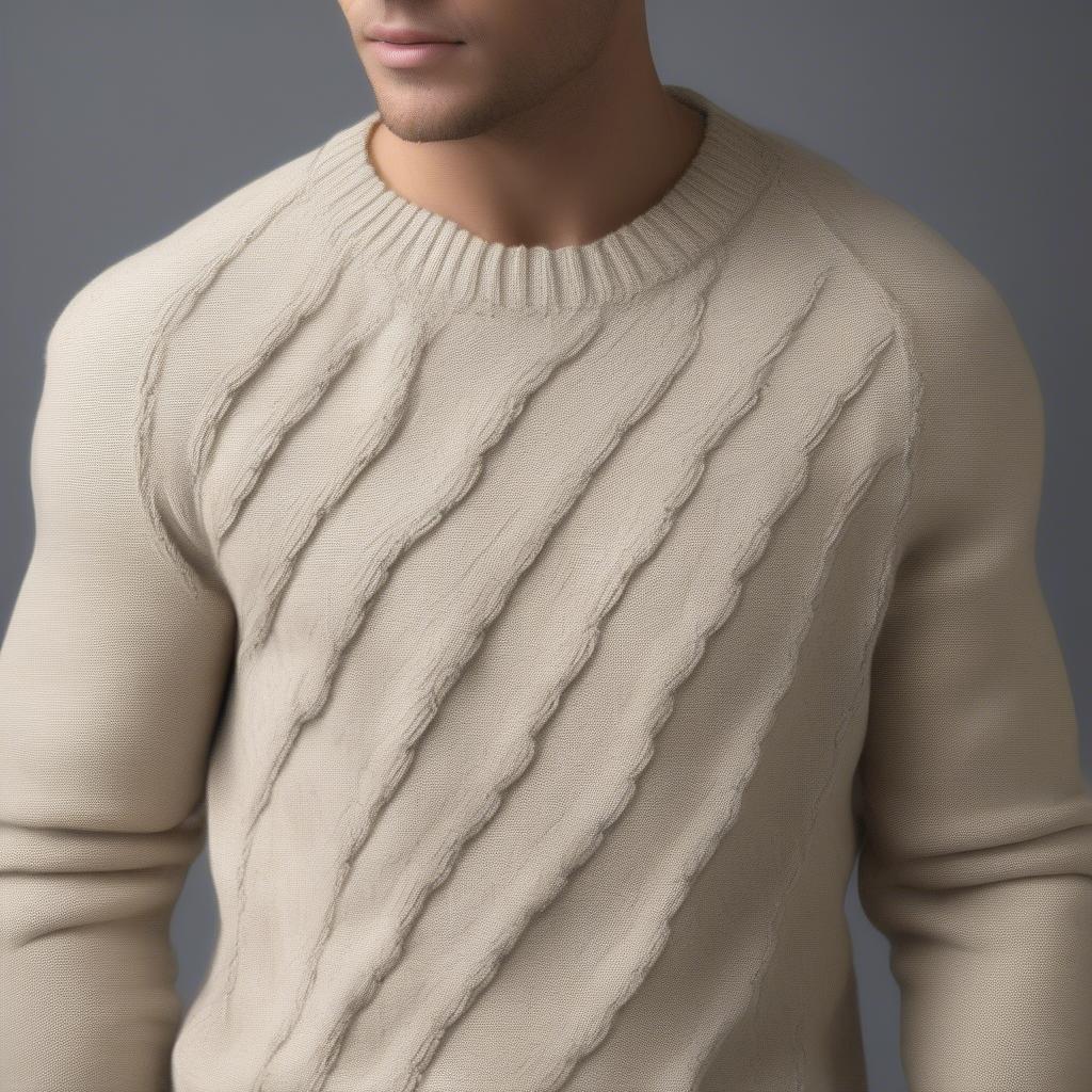 Close-up of a man wearing a crochet basket weave sweater in a neutral color