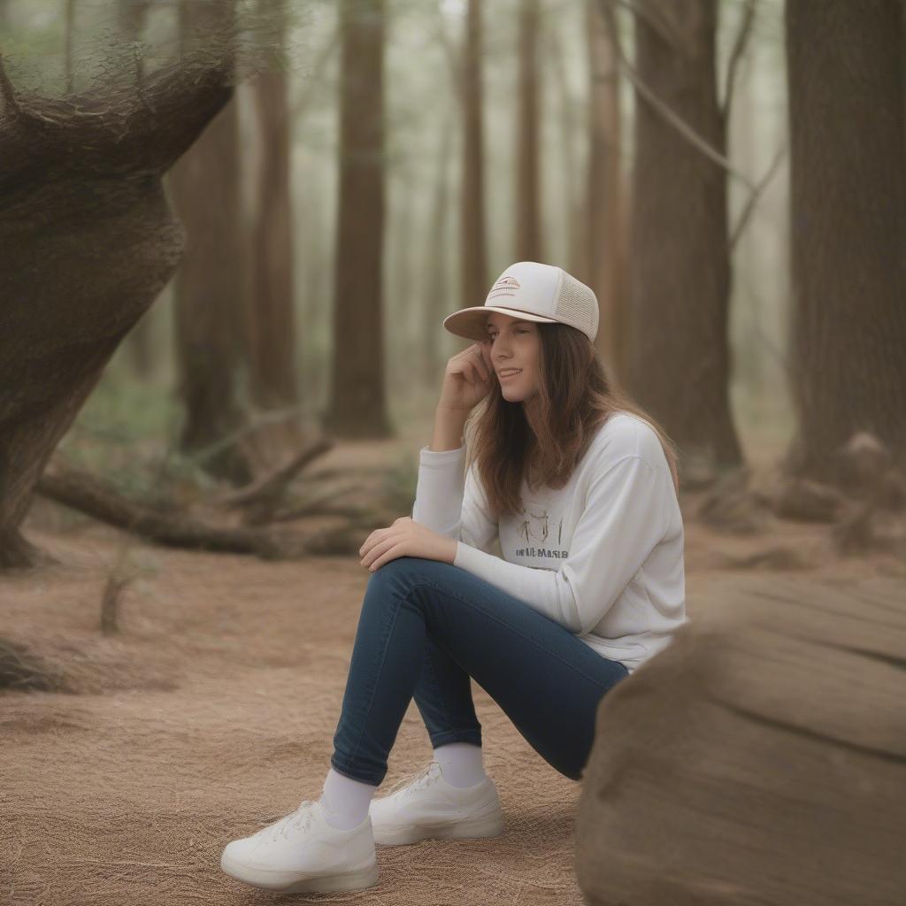 Model wearing a Meridian Line Dareful Weave Trucker Hat