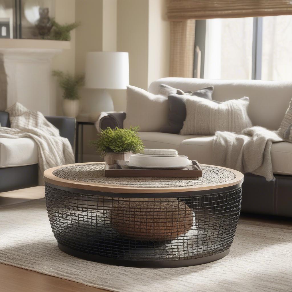 Metal basket weave coffee table in a modern living room setting