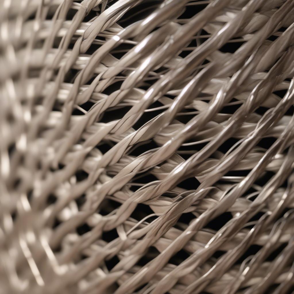 Close-up of a metal weave bushel basket highlighting its intricate design and metallic finish.