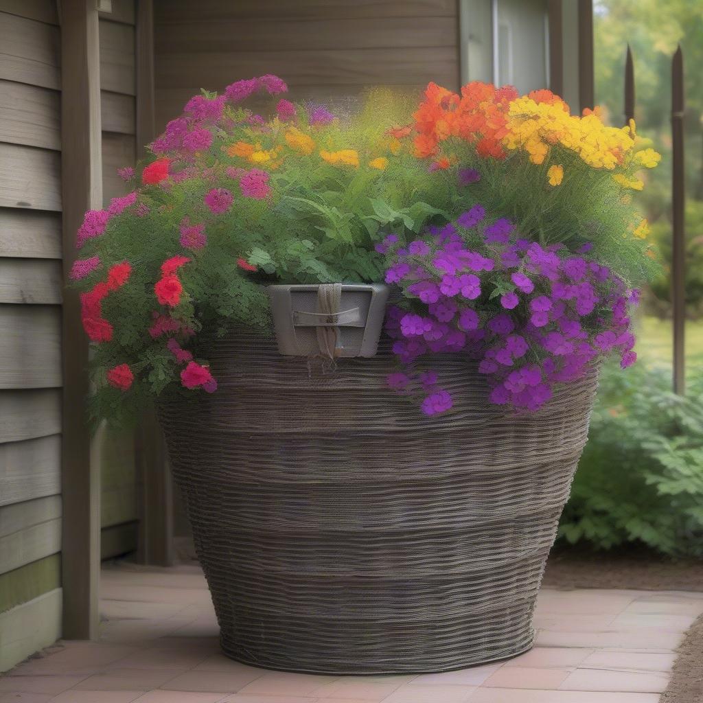 A metal weave bushel basket used as a planter, filled with vibrant flowers.