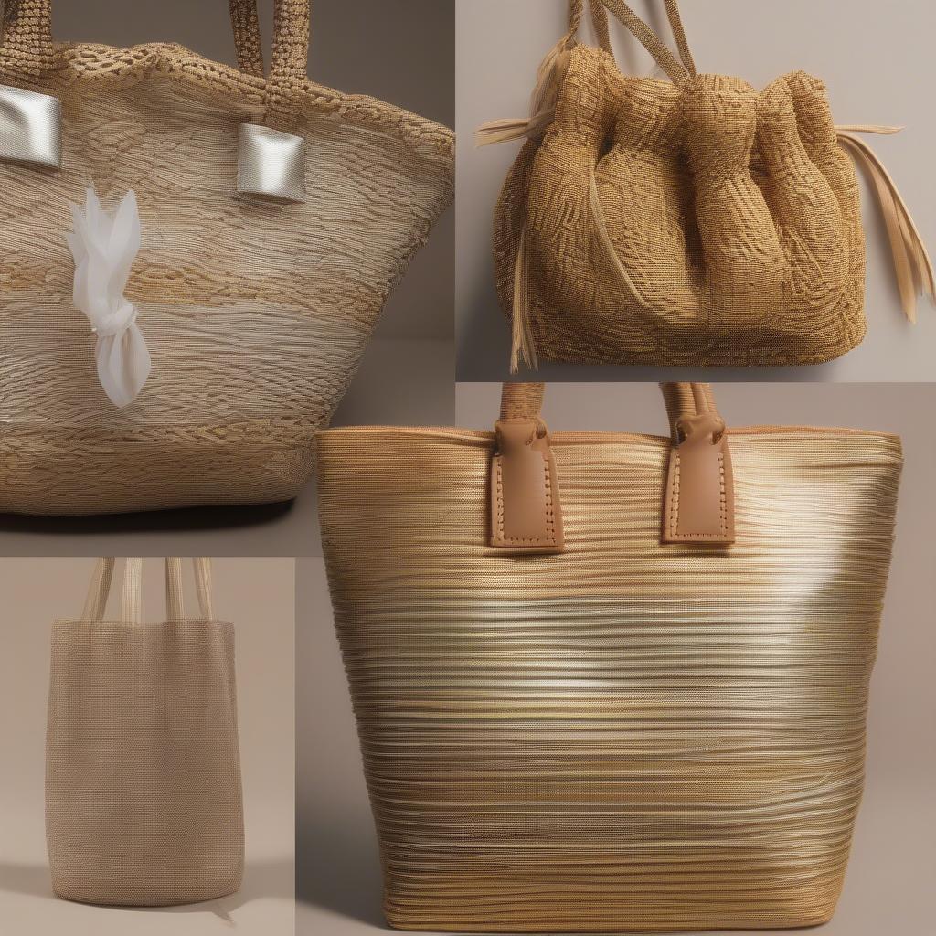 Close-up of different materials used in metallic woven beach bags