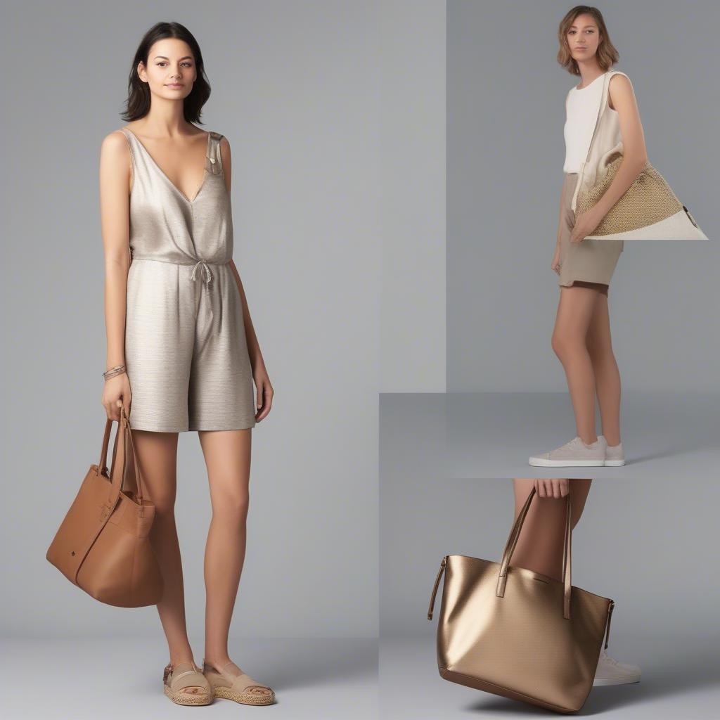 Three different outfit styles showcasing a metallic woven tote bag: a casual daytime look, a smart casual outfit, and an evening ensemble.