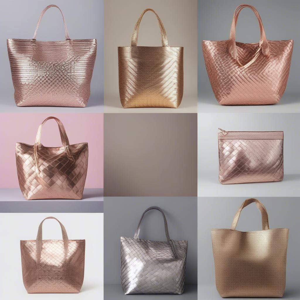 Various styles of metallic woven tote bags showcasing different weaves, sizes, and metallic finishes.