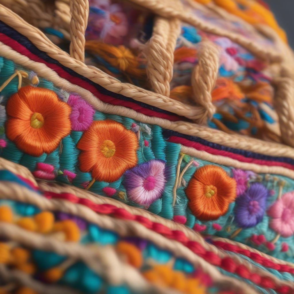 Close-up of a Mexican embroidered raffia bag showcasing intricate floral embroidery and vibrant colors