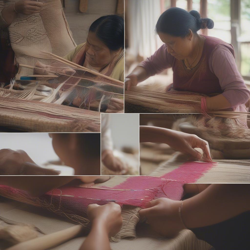 Artisans demonstrating traditional Mexican weaving techniques for creating intricate patterns on bags