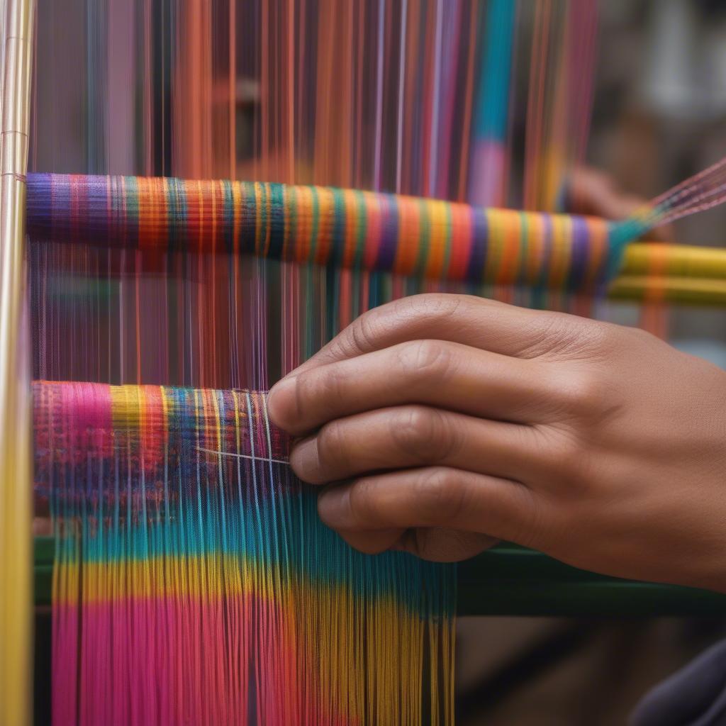 Close-up view of the intricate weaving process of a Mexican plastic bag.