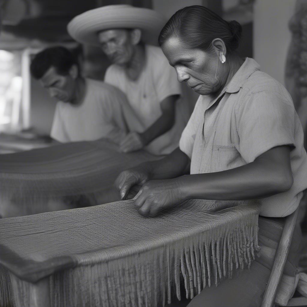 A historical depiction of traditional Mexican weaving techniques used for chairs.