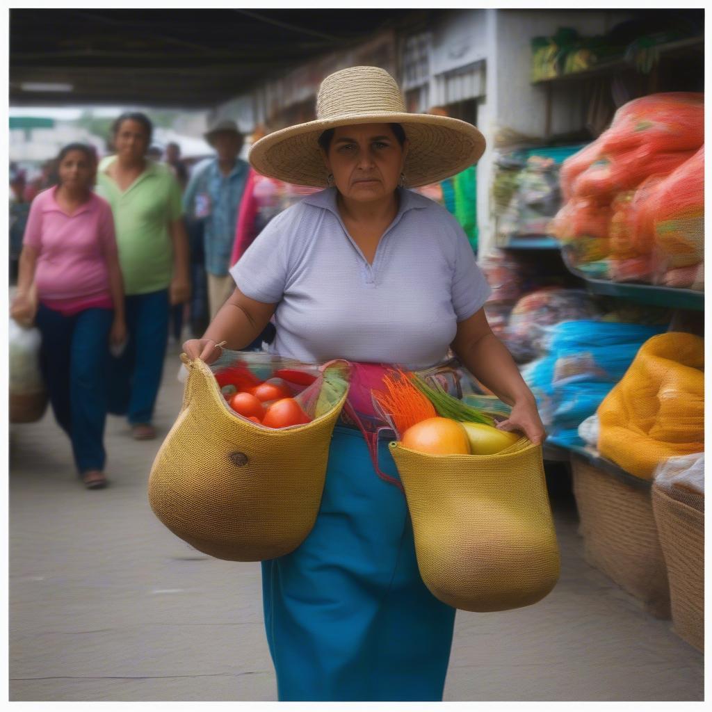 Mexican Woman Shopping with Woven Bag