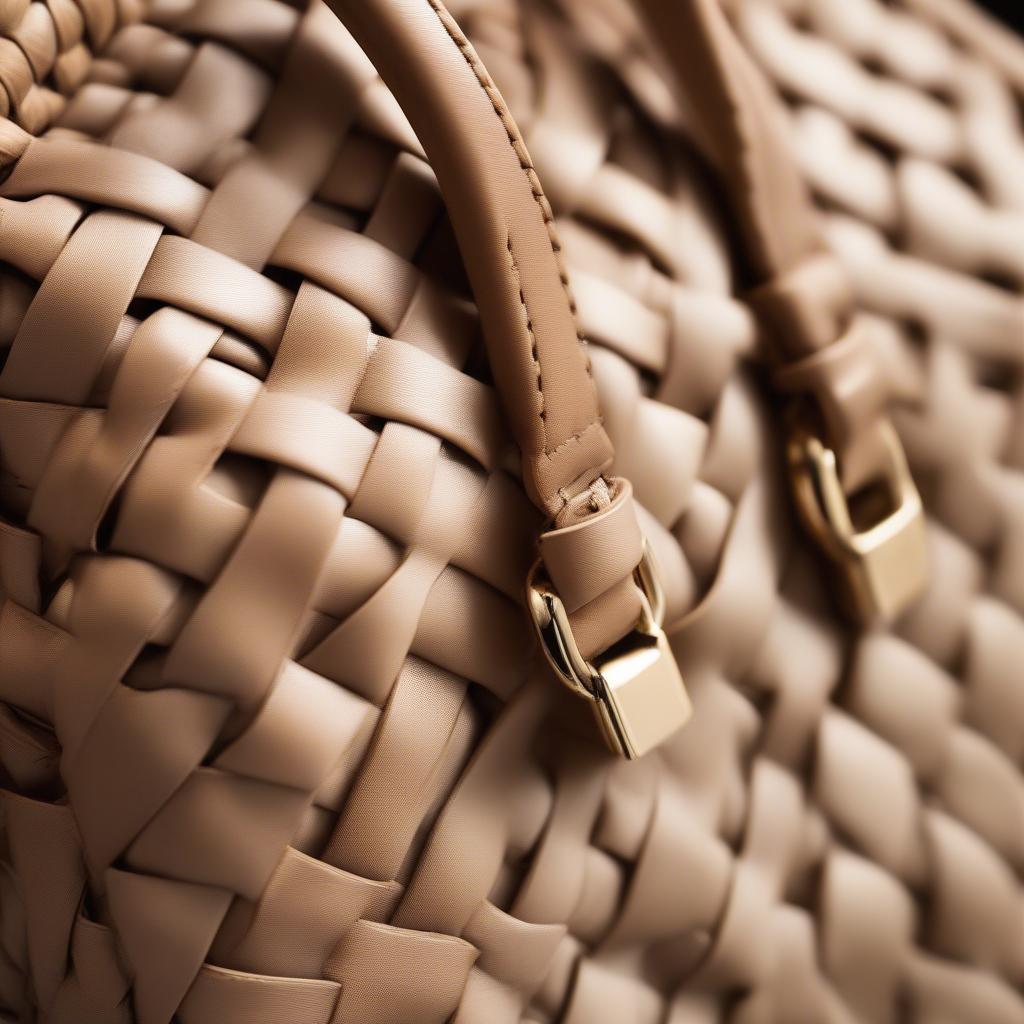 Close-up of the Michael Kors Brooklyn Woven Bag showing the intricate weave detail and leather craftsmanship