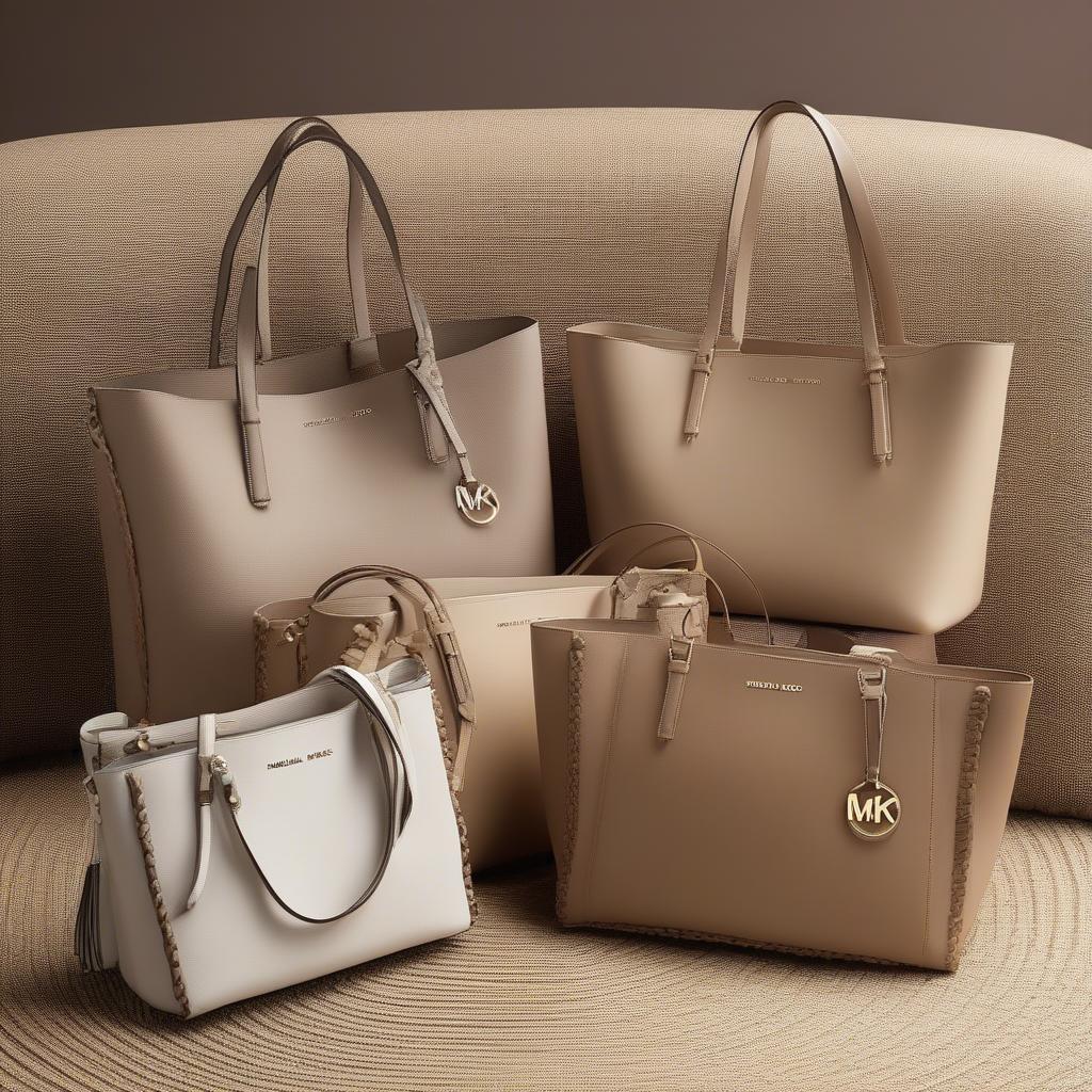 Different sizes of Michael Kors Brooklyn Woven Bags displayed together, showcasing the variety of sizes available for different needs.