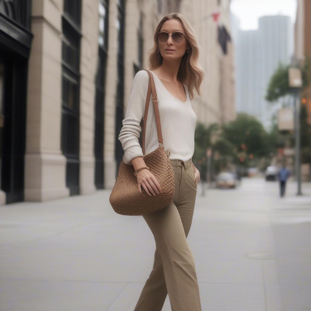 A woman wearing the Michael Michael Kors Ivy Large Woven Crossbody Bag while out and about, demonstrating its practicality and style.