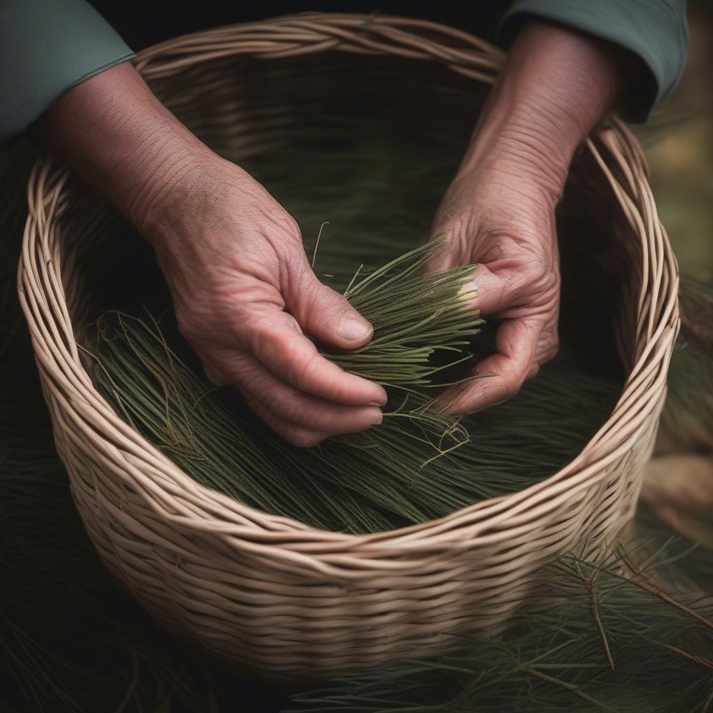 Locally sourced Michigan pine needles for basket weaving.