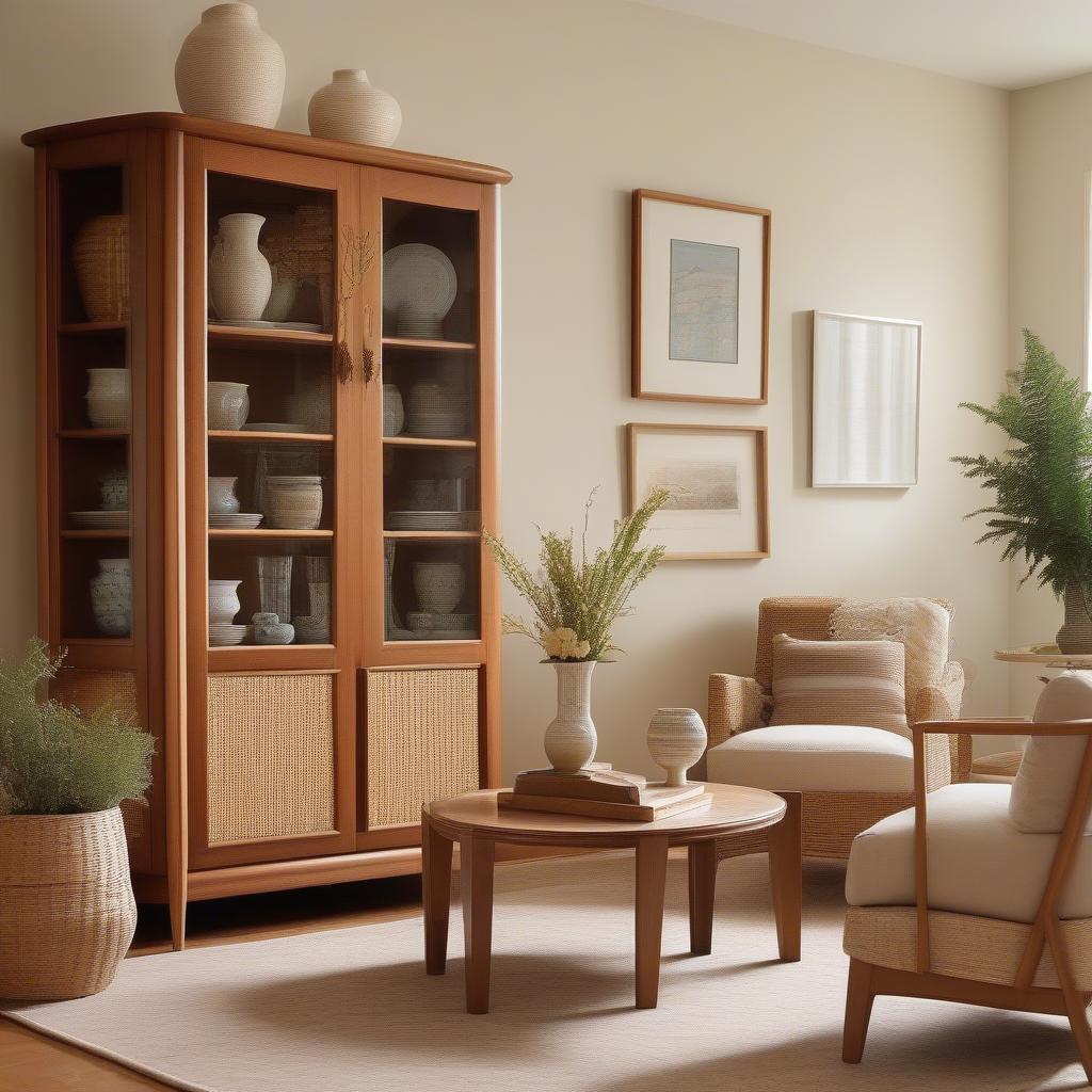 Mid-century basket weave china cabinet in a stylish living room