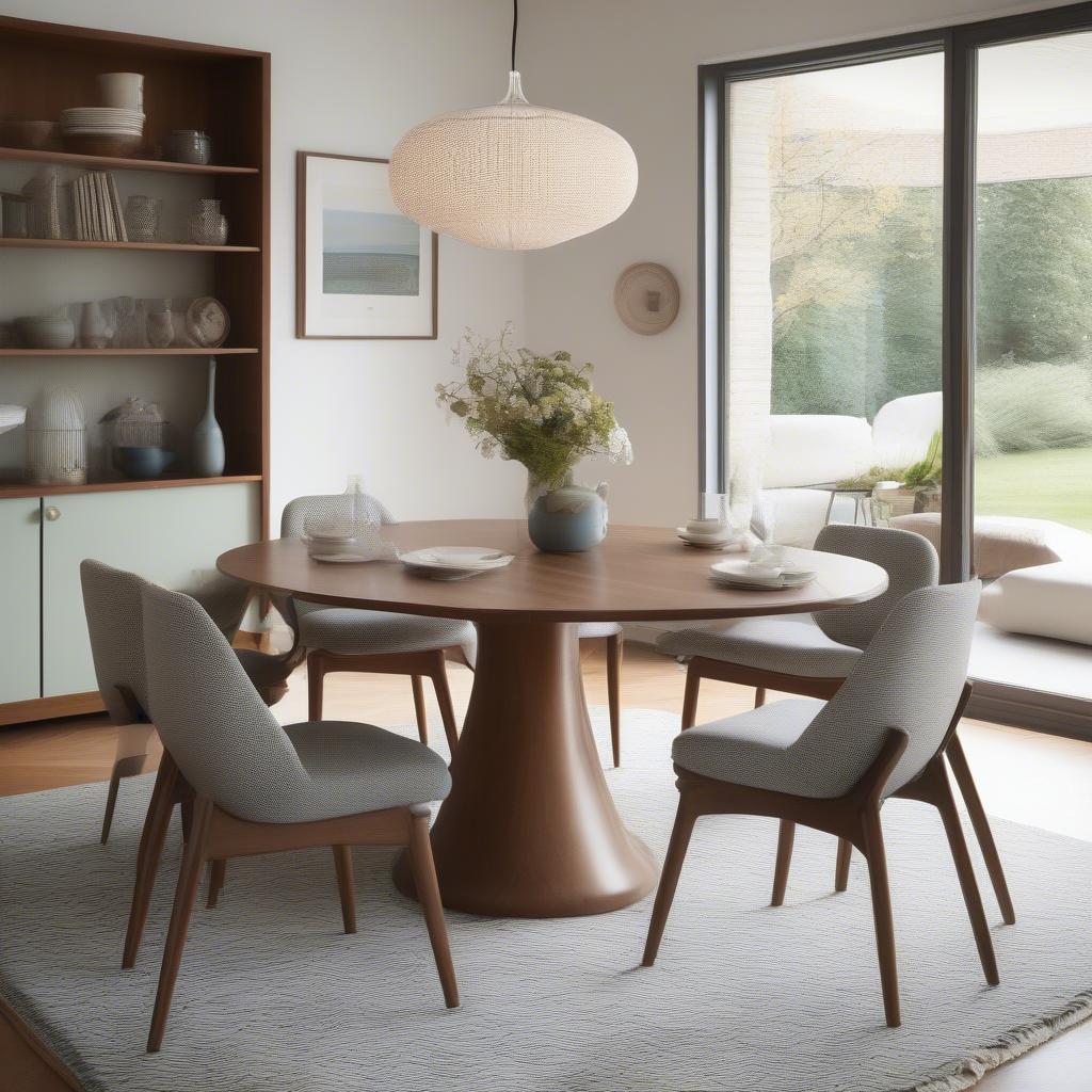 Mid Century Modern Dining Room Featuring Platinum Linen Weave Dining Chairs