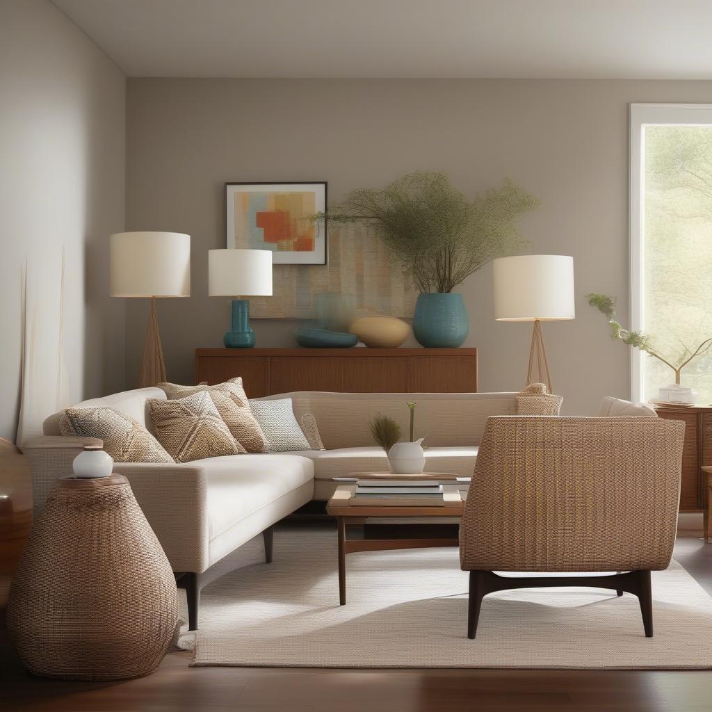 Mid-century modern living room featuring a prominent basket weave lamp