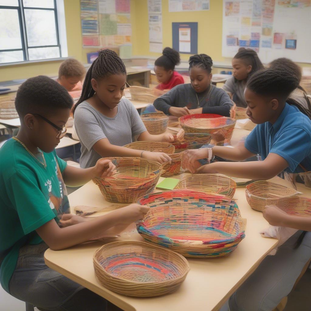 Middle school students learning the art of basket weaving in a classroom setting