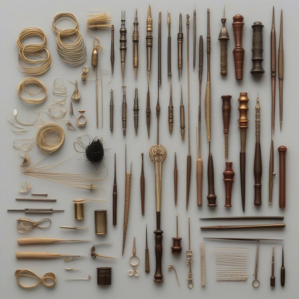 Miniature tools for basket weaving lockets, including awls and needles.