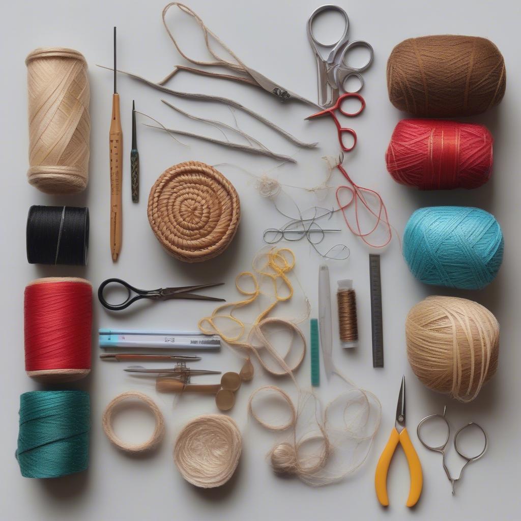 Various tools and materials used in miniature basket weaving.