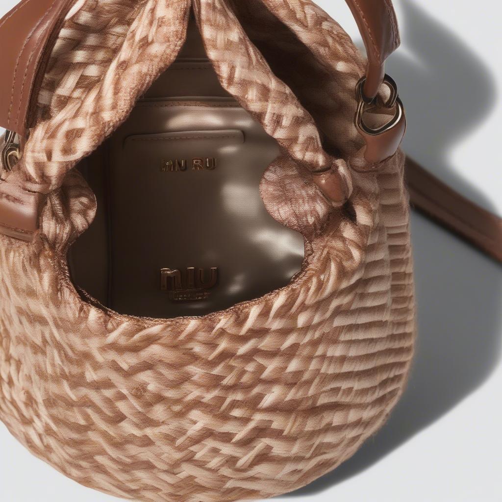 Close-up of a Miu Miu woven bag, showcasing the intricate weaving and natural fibers.