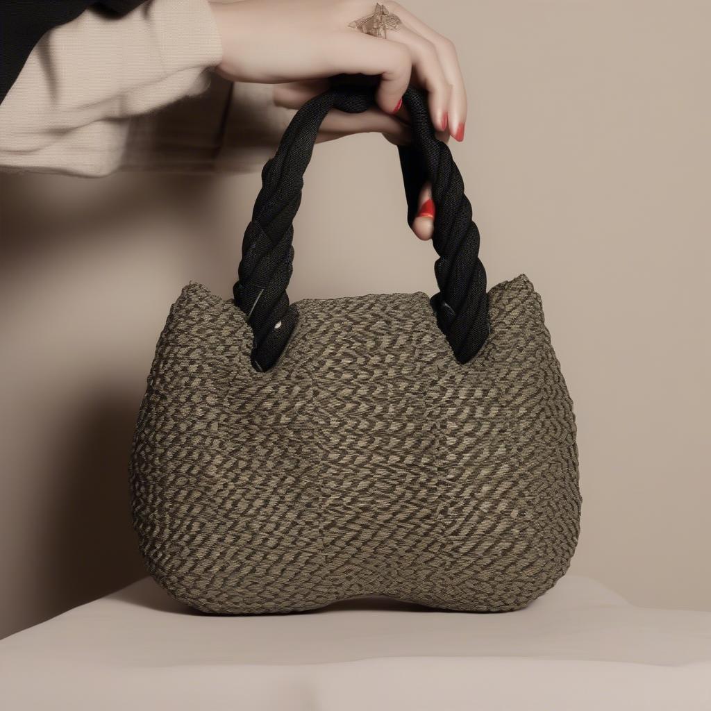 A fashion model showcasing a mini woven knot bag as part of a stylish outfit.