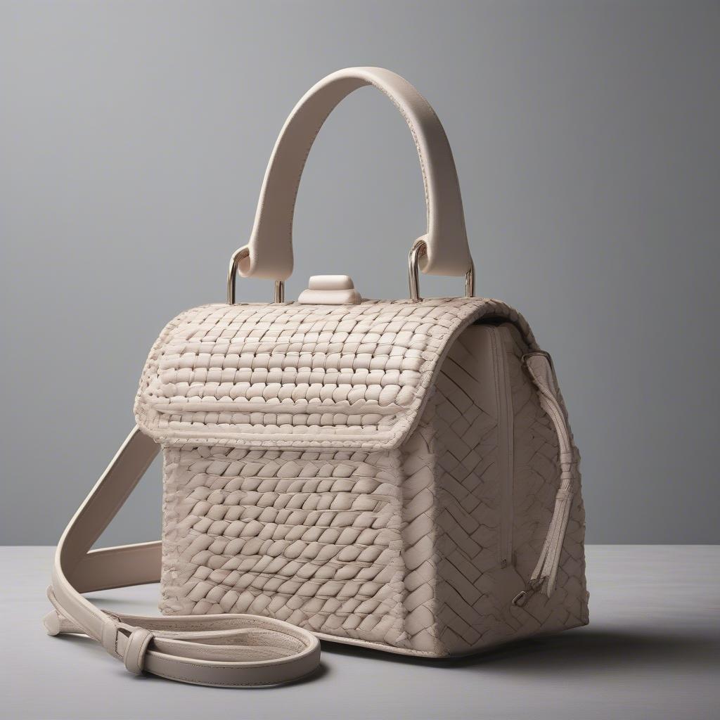 A stylish modern handbag featuring a tex tan basket weave pattern.