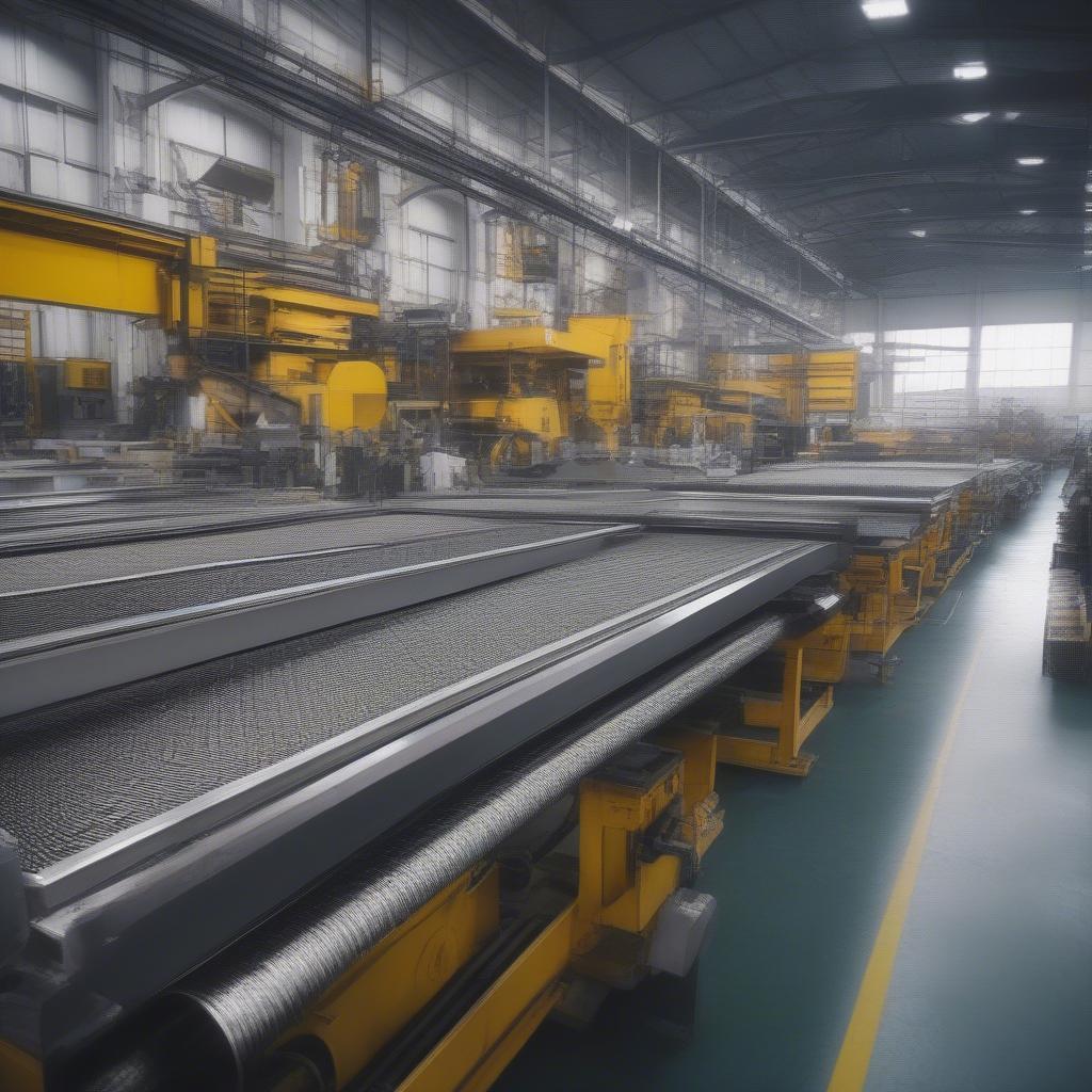 Automated machinery producing basket weave metal in a factory setting.